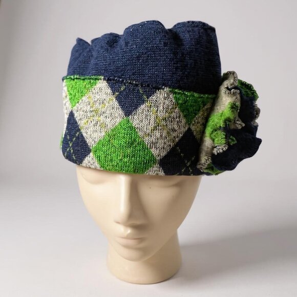 Unique Argyle Pattern‎ Cloche Hat With Floral Accent Blue & Green - Picture 1 of 7